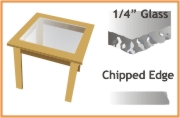 1/4" thick glass with chipped edges is popular as inserts in wooden tables
